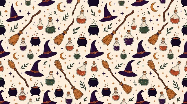 Witchcraft seamless pattern featuring magic potion bottles. Pointed hats. Broomsticks and boiling cauldrons. Hand drawn doodle style occult background design for Halloween fabric and stationery