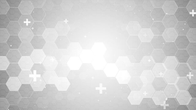 White medical crosses appear among layered hexagonal light gray background bright central glow. healthcare motion hospital presentations, medical research pharmacy campaigns health education content.