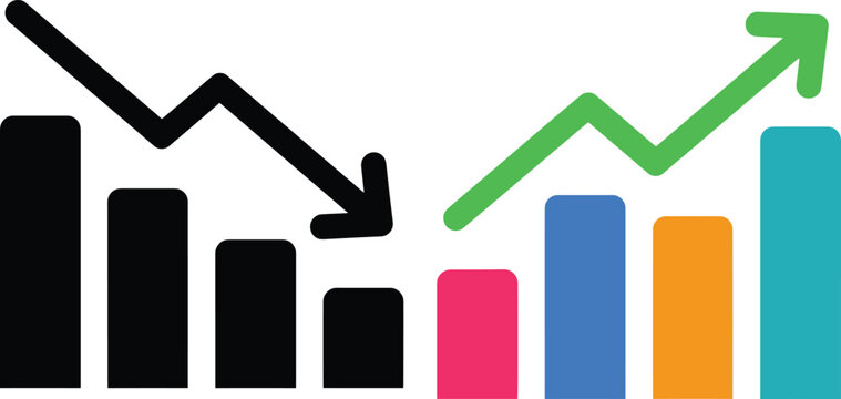 Business Growth and Decline Chart Icons with Downward Black and Upward Green Arrows