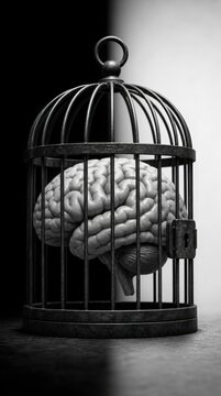 A realistic human brain trapped inside a metal birdcage, symbolizing restricted thinking or mental imprisonment in black and white.