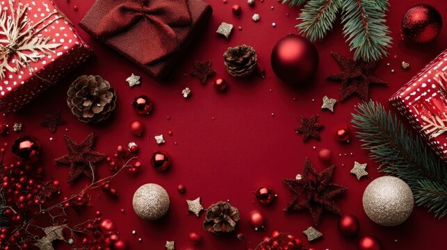 Merry Christmas. Modern Christmas flat lay. Red background