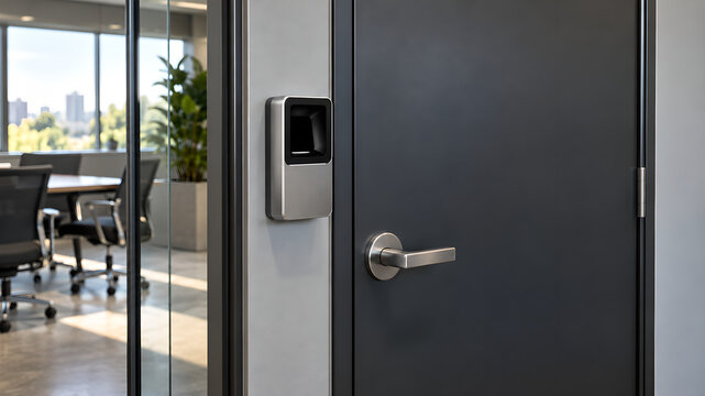 Plain electronic access reader beside a closed dark security door with a brushed metal handle in an office