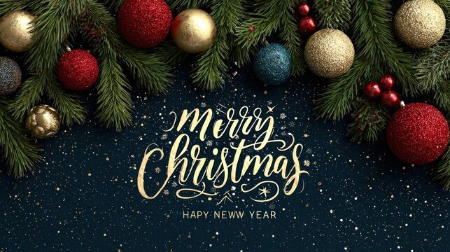 Merry Christmas and Happy New Year with fir branches and decorating balls