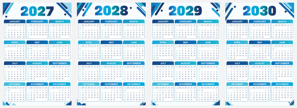 Set of Yearly Wall Calendar Templates for 2027, 2028, 2029 and 2030 with Blue Gradient Month Grids and Geometric Corner Shapes on White Background