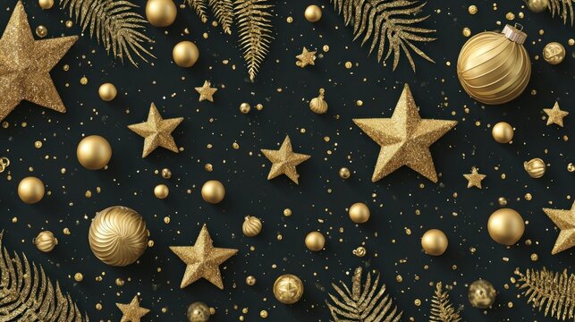 Merry Christmas background design with golden stars and Christmas balls