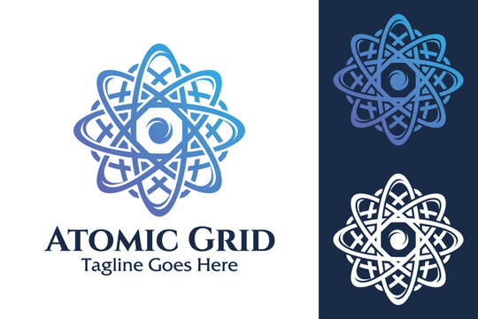 Futuristic Atomic science core with quantum electron orbits for technology chemistry research physics laboratory experiment micro logo design