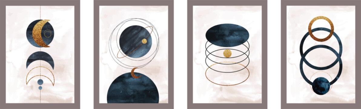 Modern Abstract Celestial Triptych and Quadriptych Wall Art with Planets, Orbits, and Geometric Cosmic Designs