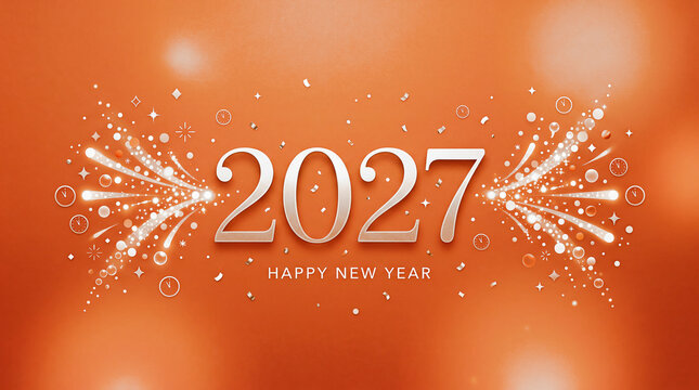 festive minimalist 2027 graphic with tiny clock confetti and champagne bursts on warm orange background capturing new year eve warmth and joyous evening anticipation