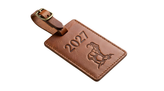 Brown leather luggage tag with visible stitching along the edges, featuring a debossed 07 and a detailed ram illustration, attached to an adjustable buckled strap, isolated on a white background