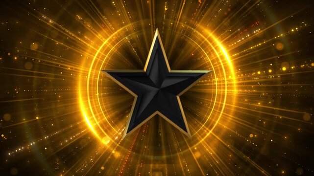 A sculpted star emblem appears inside luminous circular rings, radial rays fine particles. Award winner announcements, achievement presentations, gala events recognition videos luxurious visual style.