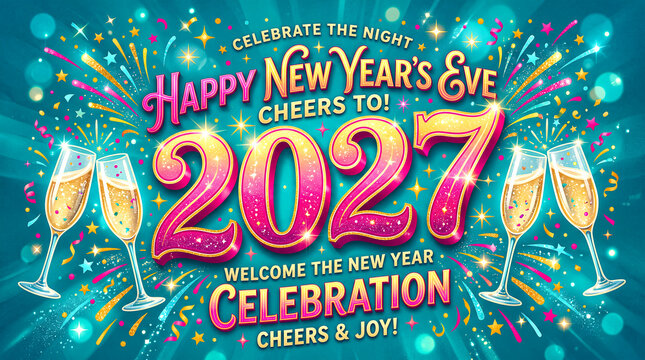 bold pink yellow 2027 lettering with confetti bursts and champagne glasses on bright teal background celebrating new year&rsquo;s eve with festive energy and joyful cheer
