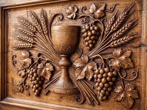 A carved wooden relief panel depicts a chalice surrounded by sheaves of wheat, clusters of grapes, and vine leaves, a traditional Christian symbol of the Eucharist