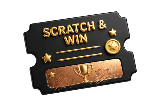 Black and gold scratch and win lottery ticket featuring a golden trophy icon on a copper scratch-off area, isolated on a solid black background isolated on a transparent background