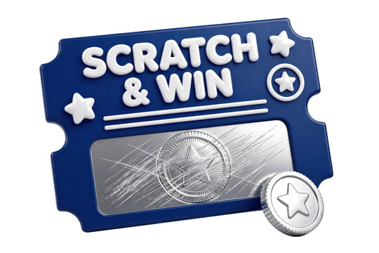 Blue and white scratch and win lottery ticket with a silver scratch-off area and a matching silver coin, isolated on a solid black background isolated on a transparent background