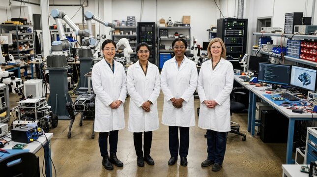 Female Robotics Engineers Team in Advanced Research Laboratory.