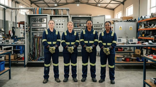 Five professional ski technicians in complete winter clothing stand aligned inside a well equipped ski repair shop
