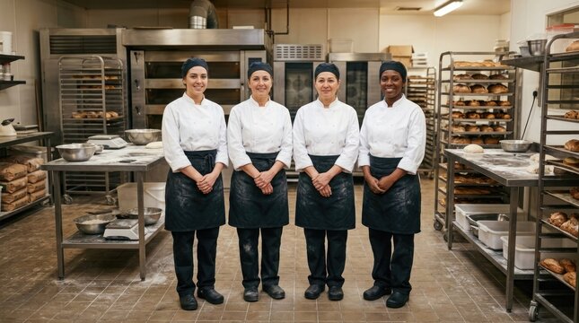 A passionate and dedicated team of bakers proudly stands in their bright professional kitchen preparing delightful baked goods