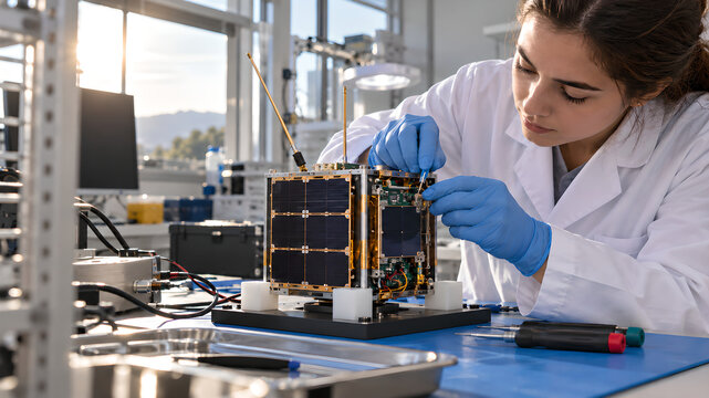 Aerospace technician adjusting an electronic module on a small satellite prototype in a bright laboratory