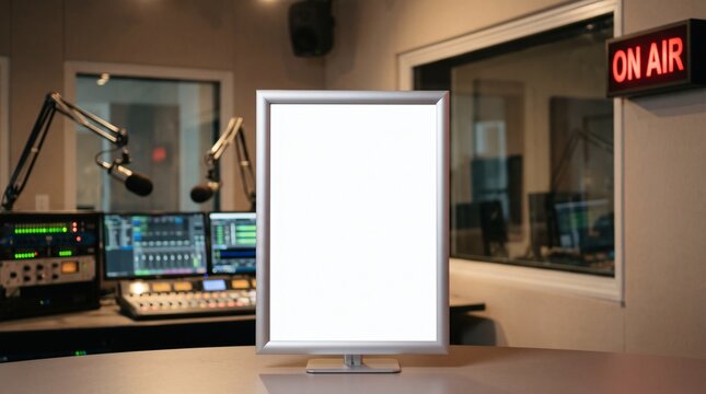Vertical silver tabletop frame on desk inside radio broadcast studio. Professional condenser microphone mixing console and acoustic foam line booth. Podcast and radio studio desk sign mockup.