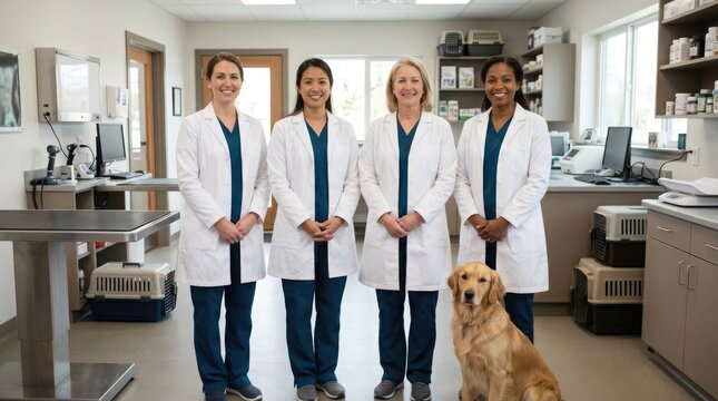 A diverse group of professional veterinarians and skilled technicians pose with a friendly golden retriever inside an animal clinic
