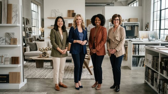 Female Interior Designers Team Standing in Modern Home Decor Showroom.