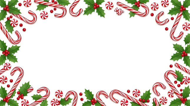 Festive Christmas border of red and white candy canes, peppermint sweets, and green holly framing clean white space for seasonal greeting designs