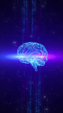 Glowing brain particles linear data paths futuristic intelligence digital brain visualization machine learning, neural computing information processing AI explainers, software promos innovation clips.