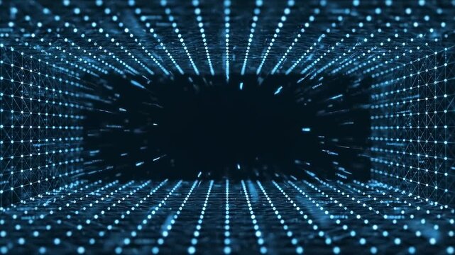 Futuristic digital tech cyber tunnel with glowing nodes and data stream motion background loop