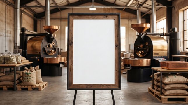 Vertical dark wood frame stand inside artisanal coffee roastery warehouse. Copper roasting machines and burlap coffee bean sacks fill rustic factory room. Specialty coffee roastery floor.