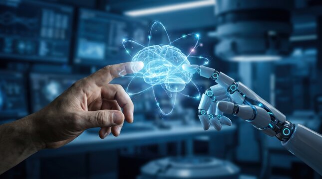 Human hand and robotic arm touching a glowing holographic brain interface in a laboratory