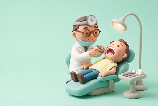 3D clay style illustration of friendly dentist examining patient with mouth open in dental chair, dental lamp and instrument tray, mint green background with copy space for clinic promotion