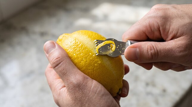 Close up of hands zesting a fresh yellow lemon with a metal citrus zester tool for culinary preparation