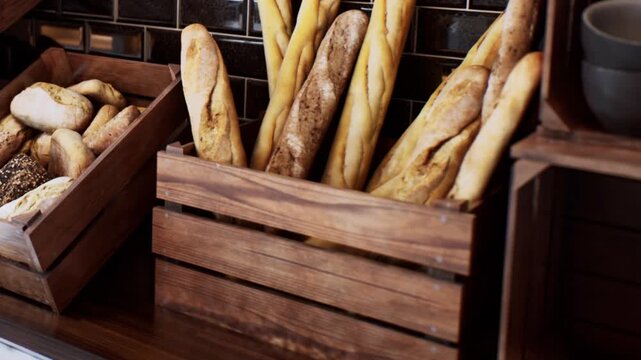 Fresh baguettes and round bread rolls sit inside wooden crates on a bakery shelf, accompanied by ceramic bowls during daytime