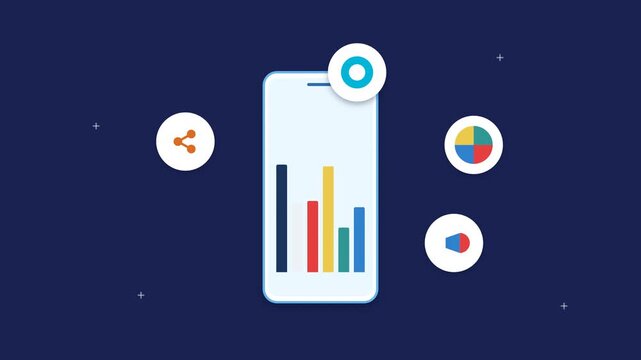 Clean modern 4K flat design seamless loop animation of a central smartphone displaying rising analytics bar charts surrounded by 4 floating orbiting circular feature badges (Settings Gear, Pie Chart,