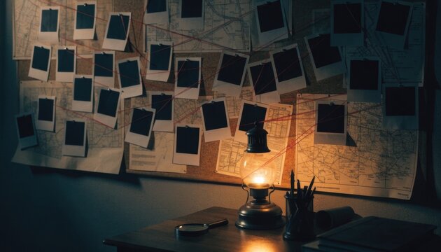 Detective's investigation board with maps, and red string