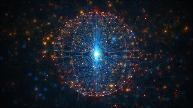 A wireframe sphere lattice with connected nodes center point. Straight rays extend mesh, scattered particles, connections, soft bokeh create depth in an abstract geometric 19 background.