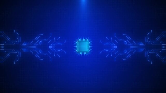 Microchip icon visible pins is circuit traces square grid. Glowing outlines and branching terminals electronics background for hardware presentations, computing explainers, 19 titles.
