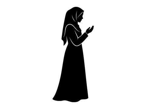 Muslim woman silhouette in hijab praying, Islamic female figure in traditional abaya, black vector icon of religious prayer pose
