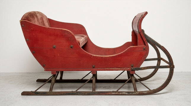 Vintage wooden sleigh with red velvet seat