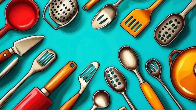 Colorful Kitchen Utensils Flat Lay Illustration on Teal Background