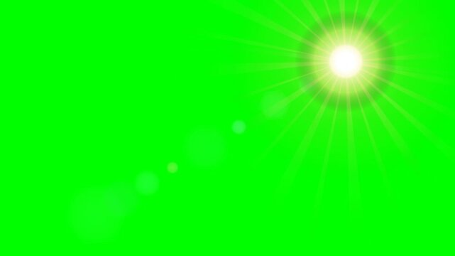 Bright realistic cinematic sun lens flare with anamorphic glare, light ray bursts, and optical iris ghosts against chroma key green screen, 4K 60fps 8s seamless loop.