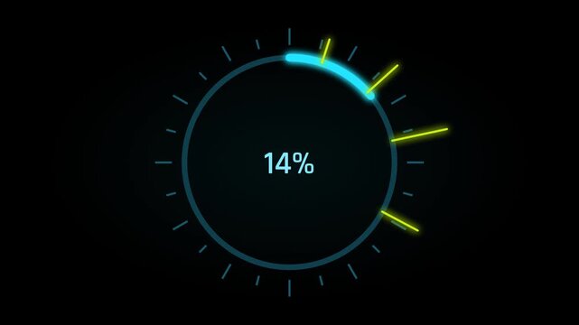 Digital futuristic loading circle animation showing one hundred percent completion on dark background
