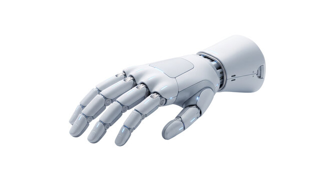 Futuristic robotic hand, white android prosthetic limb with articulated joints, sleek mechanical hand for artificial intelligence and bionics isolated on Transparent Background