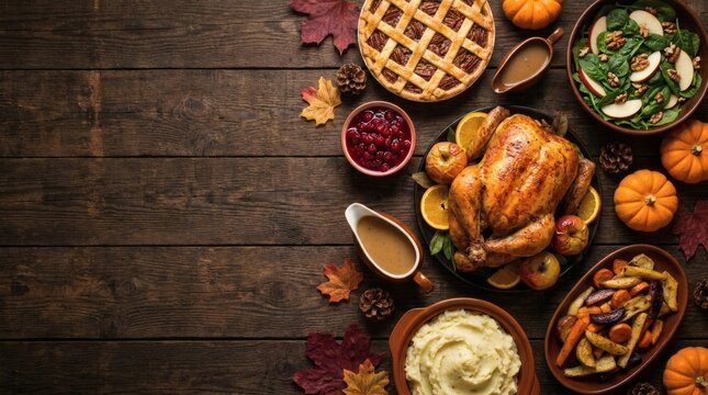 Roasted turkey with pumpkins cranberry gravy mashed potatoes stuffing salad on rustic wooden table Thanksgiving feast flat lay