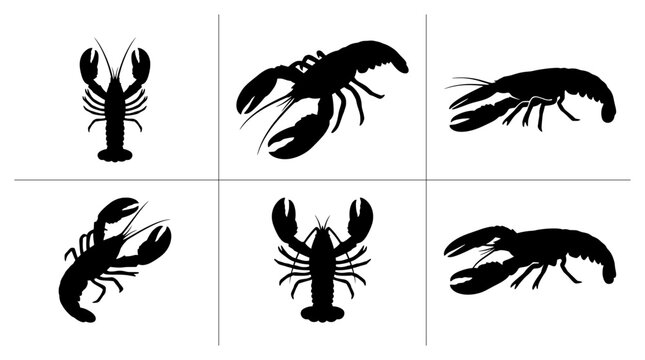 Lobster silhouettes set with various poses, seafood and marine life icons