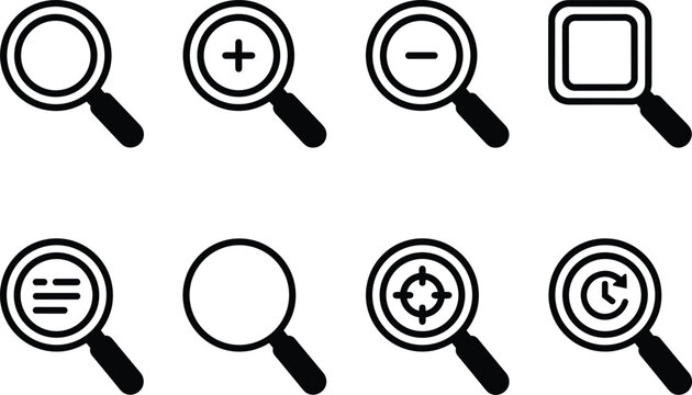 Set of eight black magnifying glass icons with various symbols for search zoom focus and history on white background