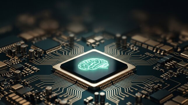 Artificial intelligence microchip processor. Glowing brain icon on central CPU chip over dark motherboard circuits. Advanced technology concept photo for computing, data, and future science.