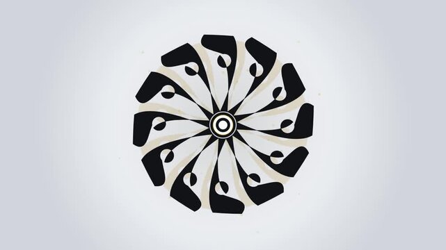 Abstract geometric black and white mandala pattern rotating on light background