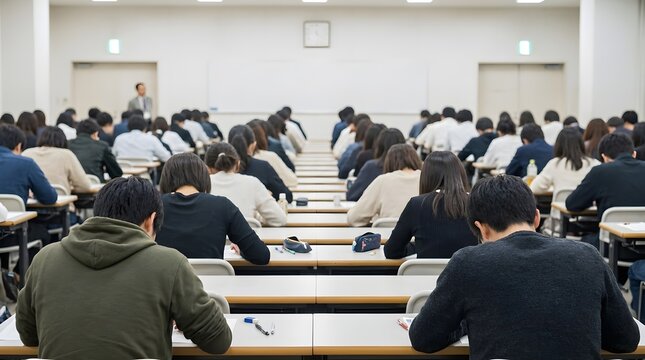 Diverse group of university students attending a lecture in a modern college classroom environment