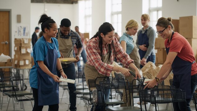 Diverse Group of Volunteers Packing Food at a Community Kitchen Event